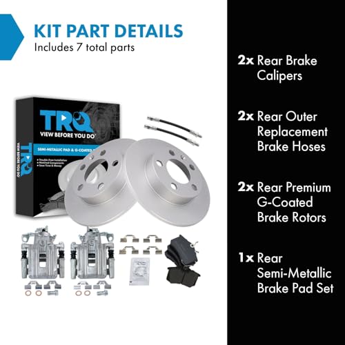 Image of TRQ Rear Brake Pad and Rotor Set Semi Metallic G Coated Rotors Calipers Compatible with 1999 Volkswagen Jetta