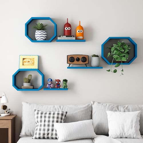 Image of Wall Mounted Floating Shelves Set of 6, Multipurpose Display, Book, Storage & Decor Shelves, Octagon Shape Wooden Wall Shelf for Living Room, Bedroom, Kitchen (Blue)