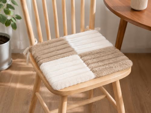 Image of Amazon Brand - Umi Beige & White Checkerboard Faux Fur Chair Seat Cushions, 16x16 Inch Fluffy Dining Chair Pads with Ties, Foam-Filled Kitchen Chair Pads, Set of 2