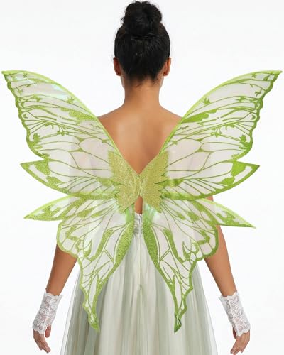 YKW Fairy Wings for Adult Women 31.5x29.5 Inch Butterfly Cosplay Wings with Lace Gloves Organza Costume Wings for Halloween Party (Green)