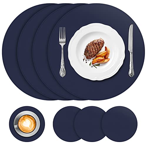 APLKER Lot de 4 Sets de Table en Cuir PU avec Dessous de Verres Correspondant, Lavable Résistant à la Chaleur Tapis de Table,Antidérapant Set de Table, Facile à Nettoyer (Lot de 4, Bleu foncé) Cover
