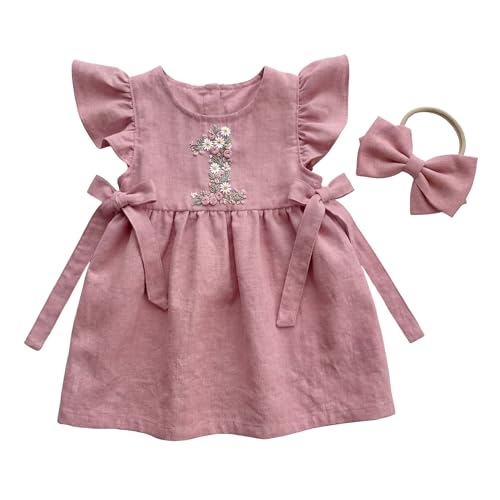 First Birthday Outfit Baby Girl Embroidery Baby 1st Birthday Dress Linen Cotton Dress One Year Old Girl Gift (US Age 18 Months) Pink