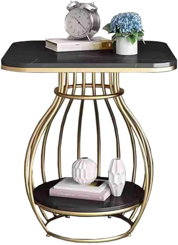 Image of Modern Side Table Corners Living Room Square Table Double Tier Sofa Side Table,Round Base Coffee Table,Portable Bedroom Nightstands Small Space (Black)