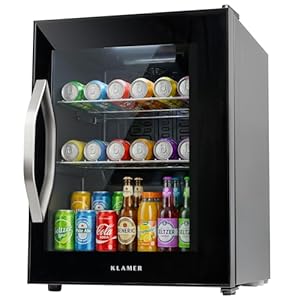 KLAMER Getränkekühlschrank 37 L, Mini Kühlschrank bis 35 Dosen, 0–20°C Touch Display, Glasfront, Automatische Abtaufunktion, Edelstahlgriff, Kleiner Kühlschrank ohne Gefrierfach