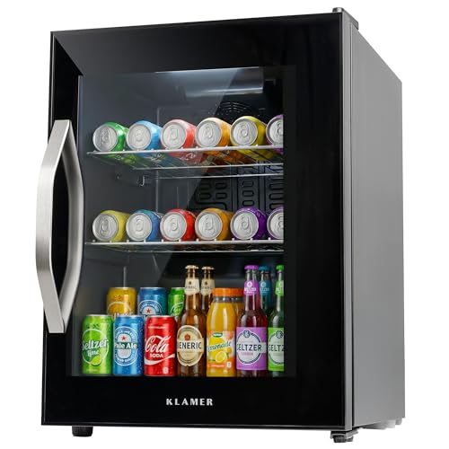 KLAMER Getränkekühlschrank 37 L, Mini Kühlschrank bis 35 Dosen, 0–20°C Touch Display, Glasfront, Automatische Abtaufunktion, Edelstahlgriff, Kleiner Kühlschrank ohne Gefrierfach