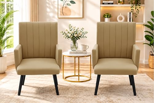 Image of Rosebell Modern Velvet Office Chairs Set of 2 with Armrests & Metal Legs | Upholstered High Back Leisure Chairs for Living Room, Bedroom, Office, Cafe & Dining Room | Golden