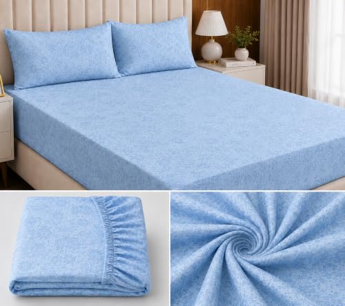 Image of Fitted Bedsheet Sky Blue 3D Floral Print Glace Cotton 210 TC | Full Single Size for Single Bed Fits 4 x 6.25 ft Mattress (48 x 75 Inch) | All Around Elastic | 2 Pillow Covers | 7 Inch Deep Pocket