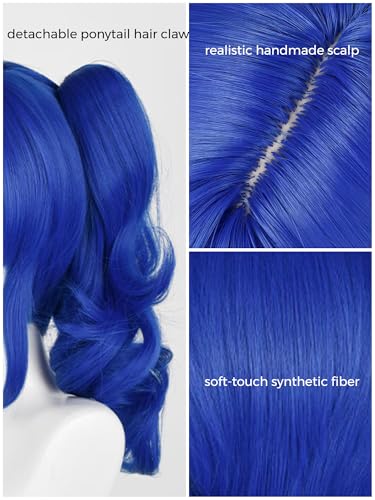 Image of Half and Half Dark Blue Curly Anime Ponytail Wig with Bangs for Women 14.5'' Deep Blue Aoi-Kiriya Cosplay Wigs Sapphire blue Hair Wig for Costumes Party Halloween