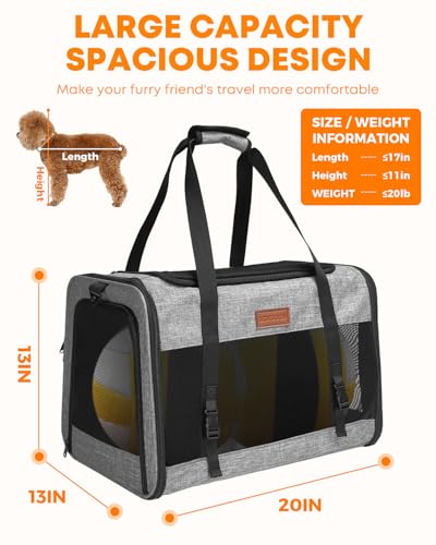 Large Cat Dog Carrier for Pet Up to 20 Lb - 20×13×13 in, Top & Side Entry, Foldable, Soft-Sided Pet Carrier with Ventilated Anti-Scratch Mesh & Car Seat Buckle for Car, Travel and Vet – Grey - Image 3