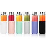Sursip 18 oz Glass Water Bottles with Lids, Juice Bottles, Leak Proof Reusable Drinking Glass Juicing Bottles with Stainless Steel Lid and Silicone Sleeves, BPA Free, Set of 6（Small Summer）