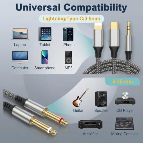 Image of Verilux Multi Lighting to Dual 6.35mm 1 /4 inch TS Mono Stereo Y-Cable Splitter | 3 in 1 to Dual 1 /4-inch Audio Cable Compatible for Smartphones, Computers, Phones /Pads Amplifiers, Speakers, Headphones