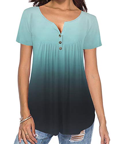 Tudou Chemisier décontracté à manches courtes Boutonné sous l’encolure Petits plis Col henley Coupe ample - Bleu - Medium Cover