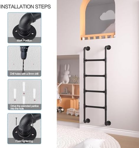 Emergency Egress Ladder for Window Well - 330LBS Load Capacity, Black Metal Wall-Mounted Climbing Ladder, Customizable Size for Loft & Bunk Beds, Durable Iron Round Pipe Design.