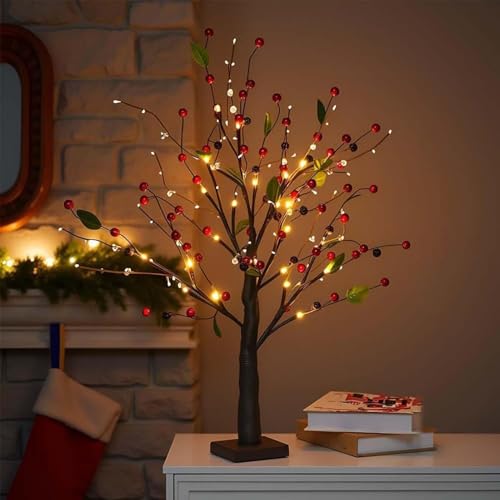 Arbre Illuminé Baies Rouges Fleuries | Décor De Noël Éclairé | Arbre De Décoration De Table pour Les Fêtes | pour Appartement Bureau Restaurant Salon Chambre Cheminée Célébrations – Image 4