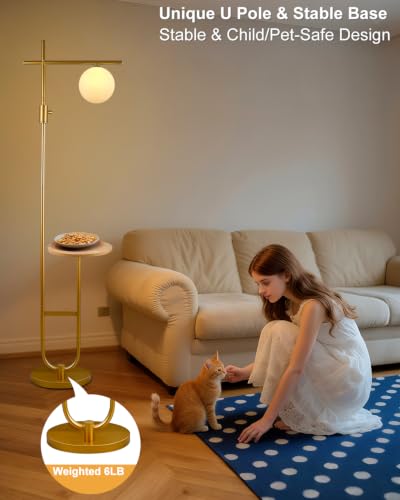 Image of Lightdot 66IN Gold Dimmable Floor Lamps with Table, Modern Standing Tall Lamp with Globe Lampshade, Cross-Shaped Lamp Head U-Pole Base for Living Room /Bedroom /Sofa Beside /Corner Decor(Bulb Included)