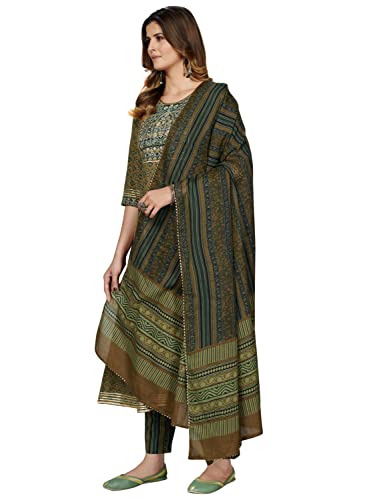 Image of Vbuyz Women's Cotton Print & Embroidered Anarkali Stitched Kurta Pant with Dupatta (VF-KU-1704-SKD-36 Mahendi Green S)