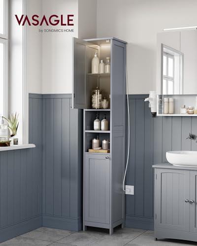 Image of VASAGLE Tall Storage Cabinet with Lights, Slim Freestanding Cabinet with Adjustable Shelves, for Small Spaces, Bathroom, Living Room, Modern, 11.8 Inches Wide, Dove Gray UBBC566G02