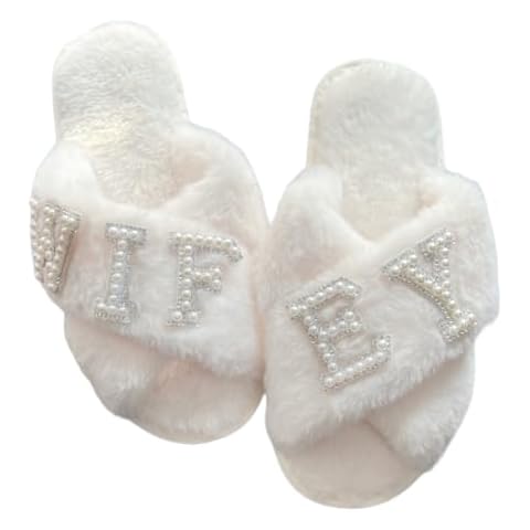 VOPHIA Bride Fuzzy Slippers Bride Gifts for Bridal Shower Cross Band Slippers Soft Wedding Slippers (Wifey,Small) Cover