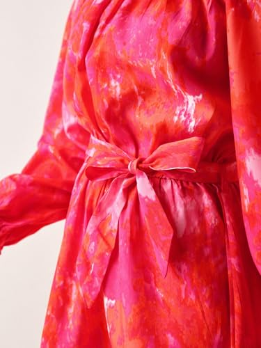 Image of Bewakoof Women's Fit and Flare Above The Knee All Over Printed Regular Fit 3 /4 Sleeve Shoulder Pure Satin Dress