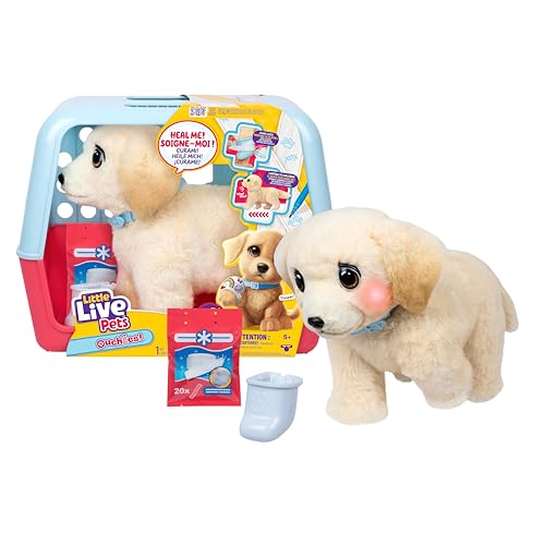 Little Live Pets Ouchies - Cooper The Retriever Puppy, cure o seu cãozinho como veterinário, faça um gesso de verdade, cãozinho e transporte, jogue uma e outra vez, 50 sons e reações