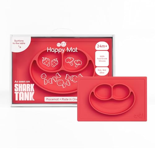 Image of ezpz Happy Mat - 24 Months+ (Coral) - 100% Silicone Suction Plate with Built-in Placemat for Toddlers + Preschoolers - Divided Toddler Plates - Toddler Essentials…