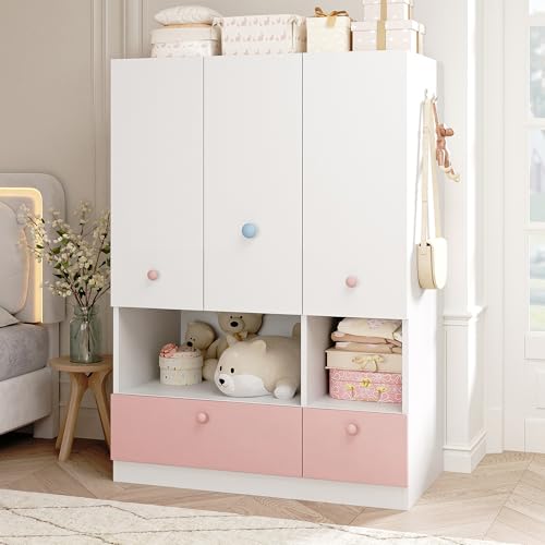 White Armoire Wardrobe Closet with Hanging Rod - Freestanding 3-Door Wooden Wardrobe Cabinet Closet for Bedroom & Dorm Bedroom Armoires Features Adjustable Shelves and Drawers for Toys & Clothes