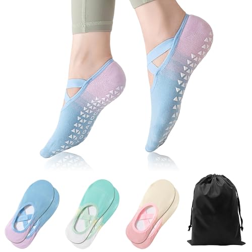 Image of Women's Grip Socks with Straps - 3 Pairs Non Slip Socks for Pilates, Yoga, Ballet & Barre Dance