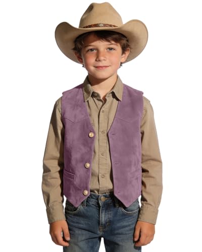 Image of Boys Vest Leather Western Cowboy Dress Vests with Pockets Vintage Suede V Neck Formal Wedding Waistcoat
