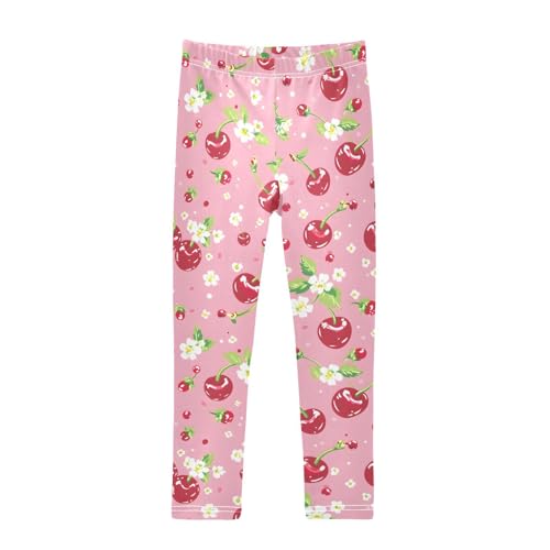 Cherries Flower Pink Girls Leggings Soft Stretch Workout Yoga Dance Pants for Kids Casual Tights