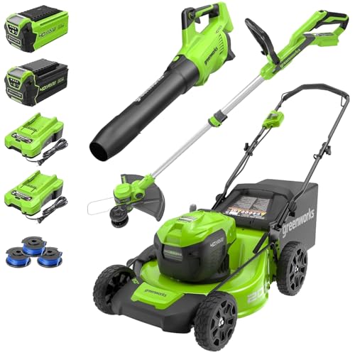 Greenworks 40V 20' Cordless Push Lawn Mower Bundle with Axial Leaf Blower(500 CFM / 120 MPH), 12' String Trimmer, 5Ah + 2Ah Batteries & Chargers