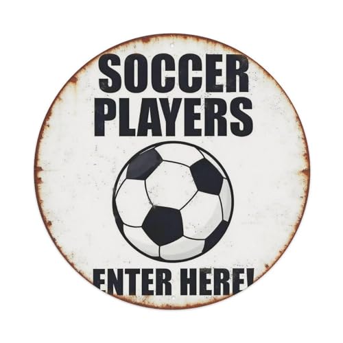 Targa in metallo vintage con scritta "Soccer Players Enter Here", per giardino, camera da letto, caffetteria, bar, uomo, grotta, decorazione da parete, poster in metallo, 20,3 x 20,3 cm