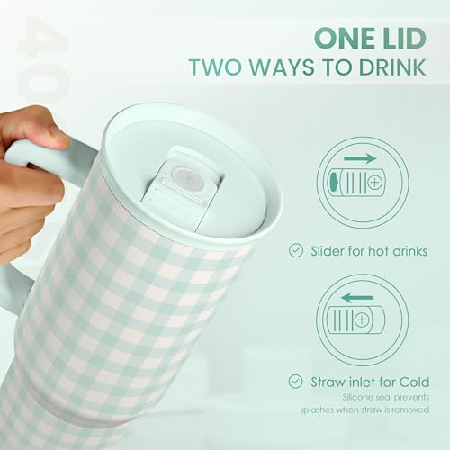 Image of SANDJEST Mint Gingham 40oz Slider Tumbler with Handle and Straw - Insulated Stainless Steel Travel Coffee Mug for Women Girls, Gift for Birthday, Christmas