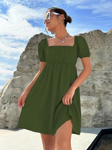 Image of Shasmi Women's & Girl's Dress for Women l One Piece Dress for Women l Beach Dress for Women, Solid Textured Puff Sleeve Square Neck Midi Dress (Dress 115)