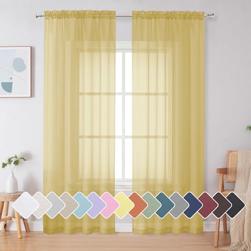 Image of Simplebrand Yellow Sheer Curtains 84 Inches Long, Light Filtering Rod Pocket Solid Color Window Sheer Curtain Panels, Elegant Curtains & Drapes for Living Room, Bedroom 2 Panels (42 inch W x 84 inch L)