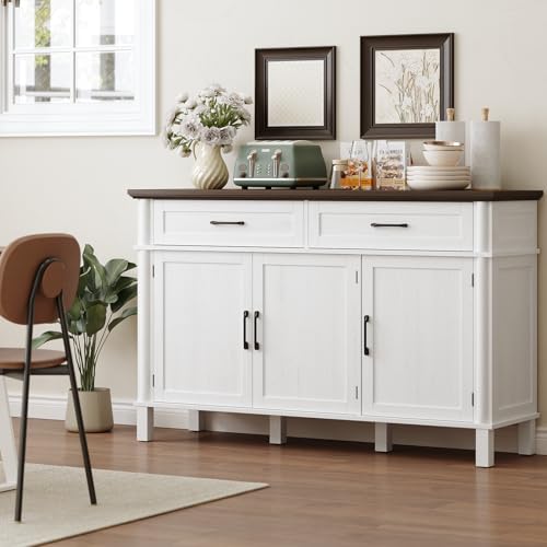 Image of ONBRILL 55 Inch Buffet Cabinet with Storage, Farmhouse Sideboard Buffet w /2 Drawers and 3 Doors, Wood Coffee Bar Cabinet with Adjustable Shelves, Sideboard Storage for Kitchen, Living Room, Off White