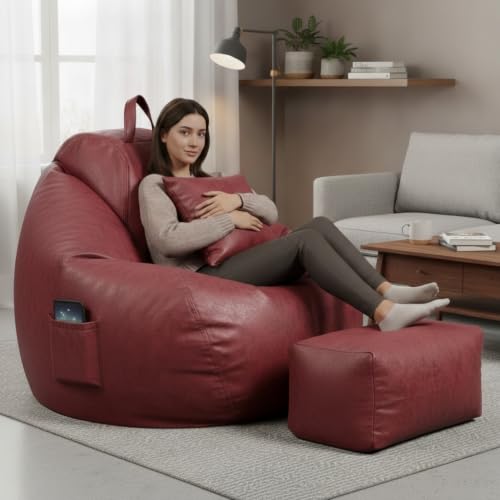 Image of KAM'S LIEU 5XL Premium Imported Suede Bean Bag Chair with Footrest & Cushion | Filled with High Density Polystyrene Beans | Premium Soft Fabric | Ready to Use Color- (Maroon, 5XL)