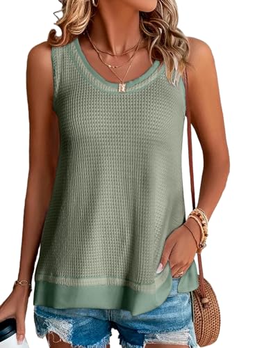 Image of BLENCOT Women's Waffle Knit Summer Tank Top Casual Scoop Neck Sleeveless Loose Tunic Tops