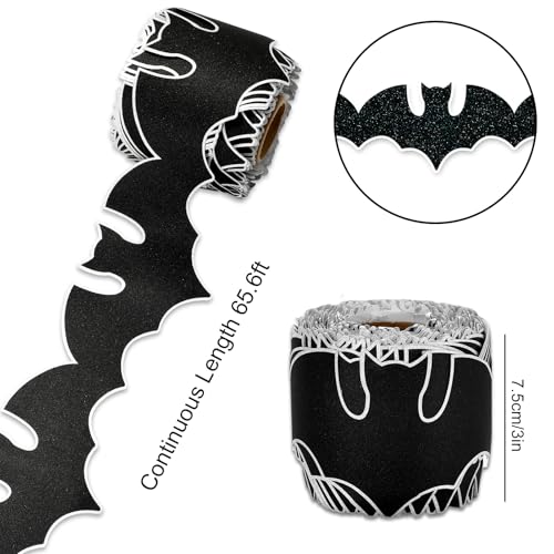 Image of Whaline 65.6Ft Halloween Bulletin Board Border Glitter Black Bat Die Cut Trim Border Roll for Spooky Chalkboard Wall Decor