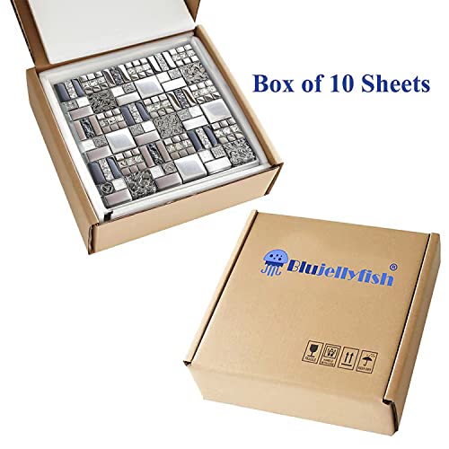 Blujellyfish Metallic Glass Mosaic Tiles Silver Gray 100% Glass Tile Water Resistant For Kitchen Backsplash Bathroom Shower Accent Wall Decor Tstgt151 (10 Square Feet) #TOP4