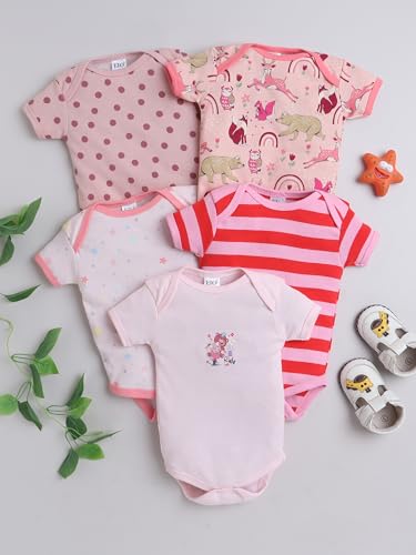 EIO New Born Baby Multi-Color Cotton Sleep Suit Romper Body Jumpsuti Body Suit for Boys and Girls Set (Pack of 5 Pink, 0-3 Months)