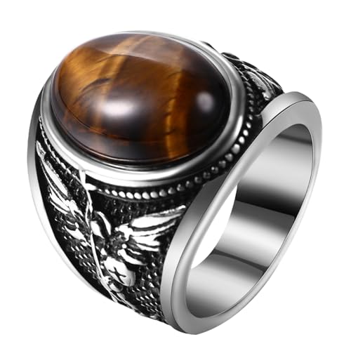 OIDEA Anillo de San Miguel Para Hombre: Anillo Arcángel de Piedra Ojo de Tigre de Aceros Inoxidable Talla 24 Amuleto de Católica - Regalo Para Amantes de Religión