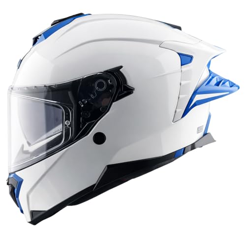 Image of Axor Brutale Corsa Helmet - Dual Spoiler | ECE 22.06, ISI & DOT Certified | Race-Ready Fit with D-Ring & UV-Protected Visor-White Blue, Size:XL