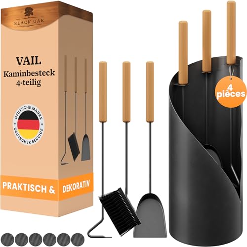 BLACK OAK Ensemble d'accessoires pour cheminée VAIL 4 pièces - ensemble moderne d'ustensiles pour poêle noir avec manche en bois 4 pièces comprenant pelle à cendre, balai à cheminée + support moderne