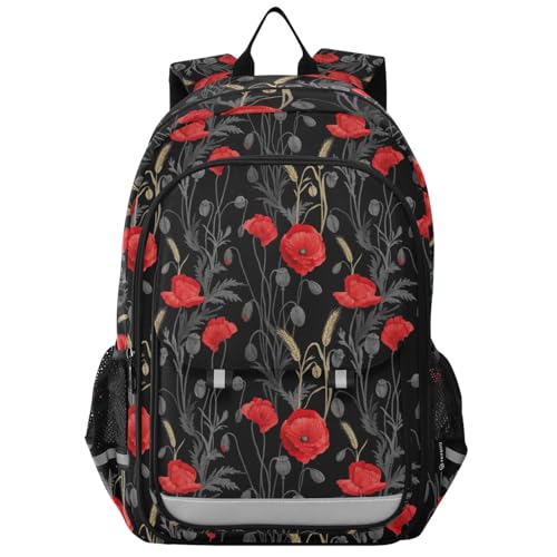 CHIFIGNO Mochila para escola, Poppy Flower, preta, para meninos e meninas, mochila casual com listras refletoras