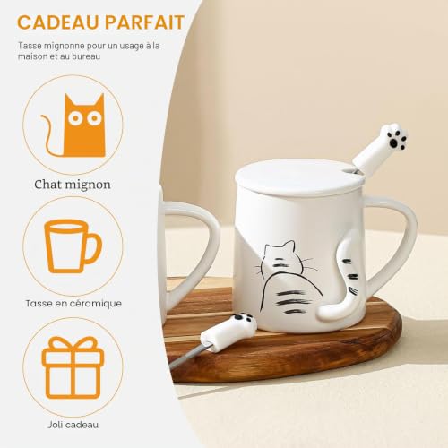 Gearific, Tasse à Café en Céramique Mignonne Avec Couvercle et Cuillère, Cadeau de Noël, Nouveauté pour les Amoureux des Chats Femmes et Filles, Queue de Chat 3D – vue 5