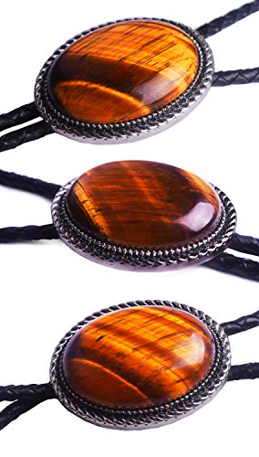 Image of Moranse Bolo Tie with Natural Tiger Eye Stone Celtic Style Genuine and Cowhide Rope