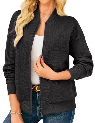 GRACE KARIN Womens Bomber Jacket Coat Casual Stand Collar Zip Up Lightweight Fall Fashion Jackets Outfits with Pockets Black L
