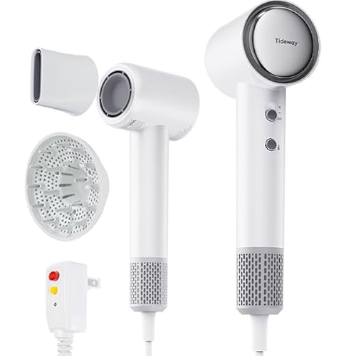Tideway Hair Dryer, Blow Dryer with Diffuser, Ionic Professional High-Speed 1500W Low-Noise, 110,000 RPM Brushless Motor, Fast Drying, Travel Compact for Women & Men (White)