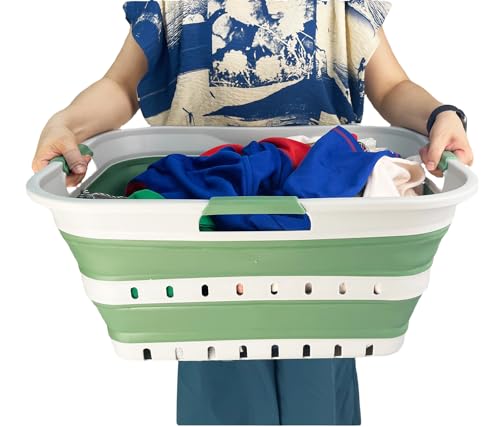 Image of SAMMART 42 (11 Gallons) Collapsible Plastic Laundry Basket, Foldable Pop Up Storage Container /Organizer, Space Saving Hamper, Portable Bin for Dorm Room Bathroom (2, Grey /Dark Sea Green)
