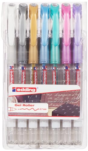 edding 2185 roller gel - blanco, oro, plata, azul, verde, rosa, violeta - juego de 7 - 0,7 mm - bolígrafo de gel para escribir, colorear o decorar bullet journals - rotulador de gel para mandalas